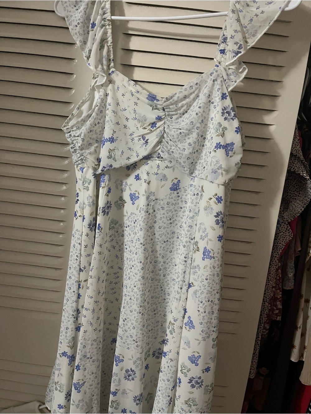 Girls' White Dress with Blue Floral Print and Tie Straps